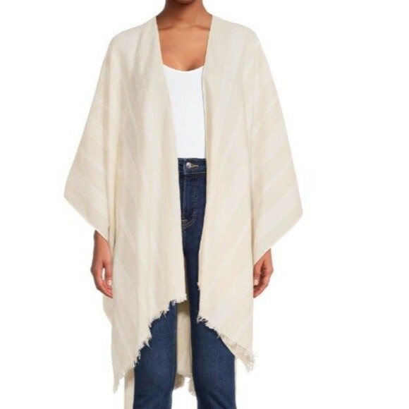 Time and Tru Sweaters - Time and Tru Women's Fringed Stripe Ruana, Ivory Wrap Shawl Rebozo
